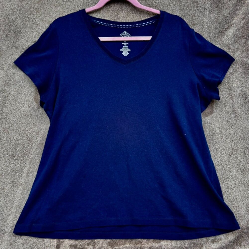 St. John’s Bay Essential Tee Navy Blue V-Neck Short Sleeve T-Shirt Size XL EUC
